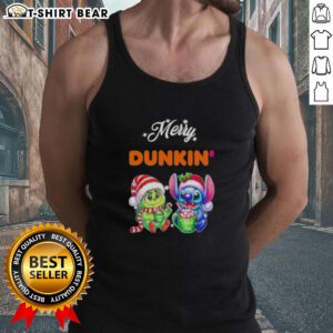 Cute baby Grinch and Stitch in festive Dunkin tank top for Merry Christmas celebration, perfect holiday outfit.