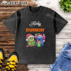 Alt Text: Cute Baby Grinch and Stitch graphic on a Dunkin' Merry Christmas washed t-shirt, perfect for festive celebrations.