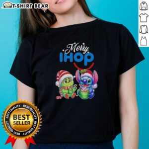 Cute Baby Grinch and Stitch on IHOP Merry Christmas Ladies Tee, perfect for festive holiday celebrations and adorable style.