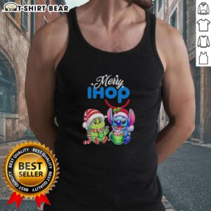 Alt Text: Cute baby Grinch and Stitch in IHOP Merry Christmas tank top, perfect for festive holiday fun and celebrations.