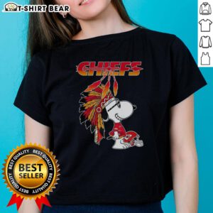 Alt Text: Cute Snoopy War Bonnets Kansas City Chiefs football helmet ladies tee, perfect for game day style and fandom.