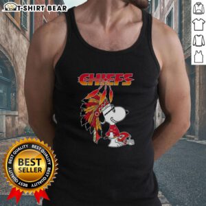 Alt Text: Cute Snoopy in war bonnets on Kansas City Chiefs football helmet tank top, perfect for football fans.