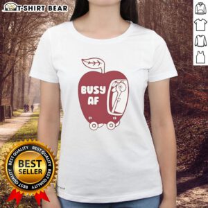 Funny Busy AF Apple Ladies Tee featuring a humorous design for casual wear, perfect for apple lovers and fun fashion.