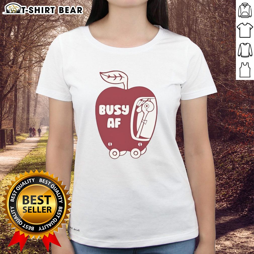 Funny Busy AF Apple Ladies Tee featuring a humorous design for casual wear, perfect for apple lovers and fun fashion.