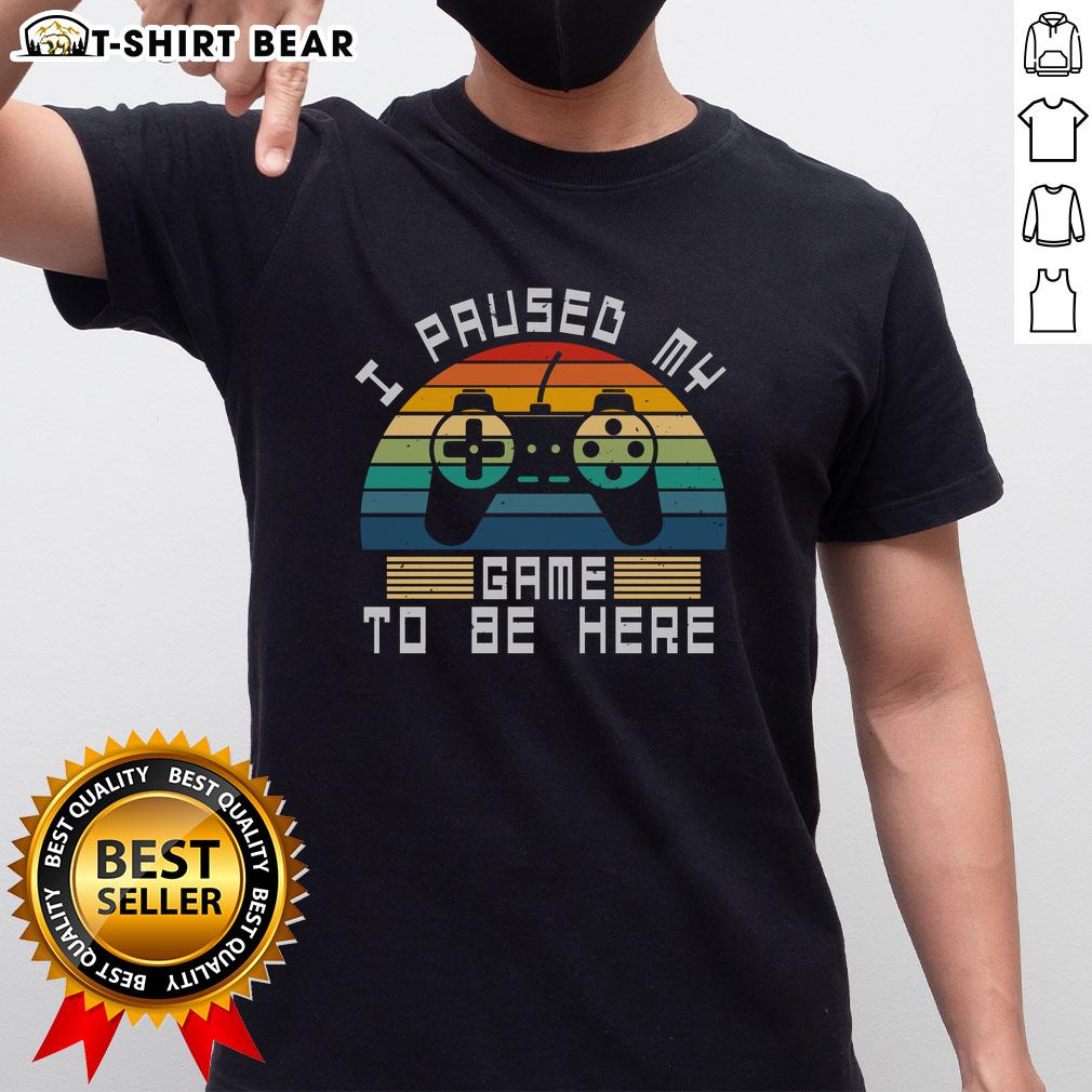 Funny I Paused My Game To Be Here Retro Vintage Gamer Sunset T-Shirt design featuring a colorful sunset and gaming graphics.
