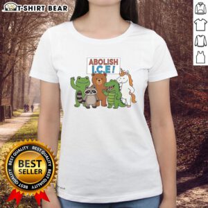 Good Abolish ICE protest tee featuring a frog, unicorn, raccoon, bear, and dinosaur design for women.