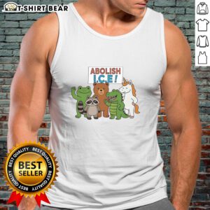 Colorful tank top featuring a whimsical design of a frog, unicorn, raccoon, bear, and dinosaur at a protest for abolishing ICE.