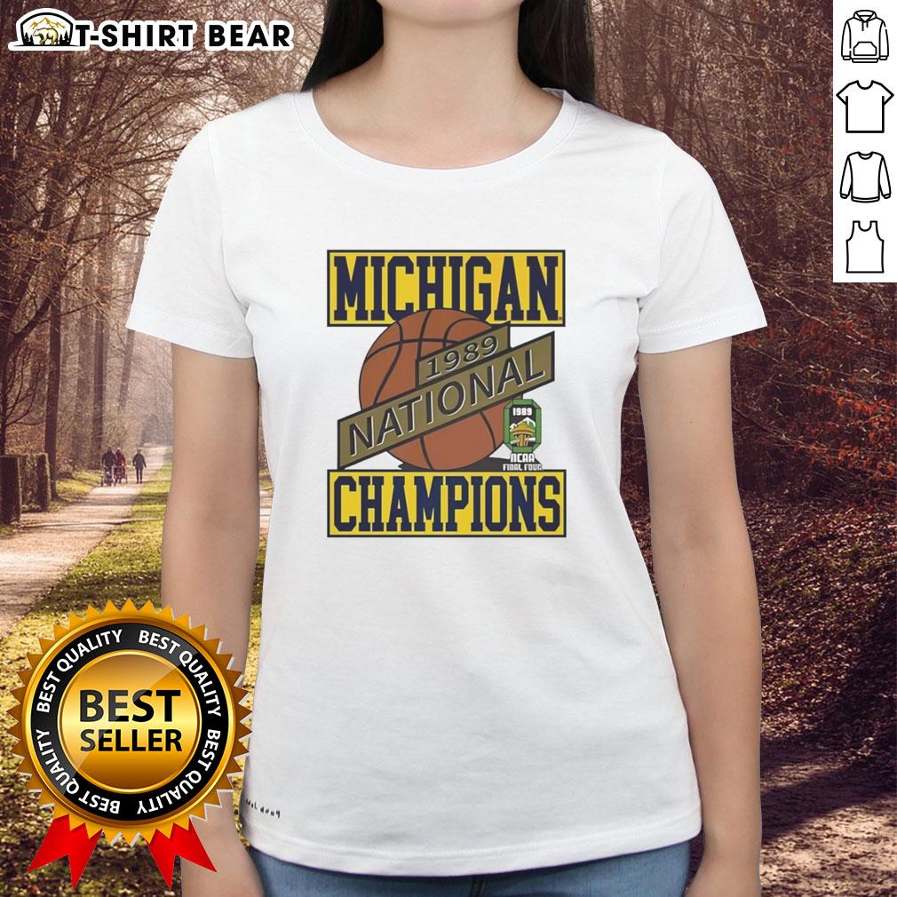 1989 Michigan Wolverines Basketball National Champions ladies tee featuring team colors and logo.