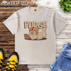 Good Pudge the Cat football-themed washed t-shirt featuring a playful design for cat lovers and sports fans.