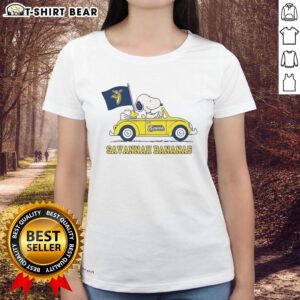 Good Snoopy and Woodstock Peanuts X Savannah Bananas baseball lover ladies tee featuring vibrant graphics and playful design.