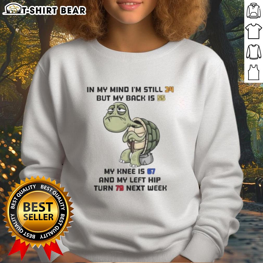 Cozy sweatshirt design featuring 'Good Turtle' graphic and humorous text about aging, perfect for casual wear.