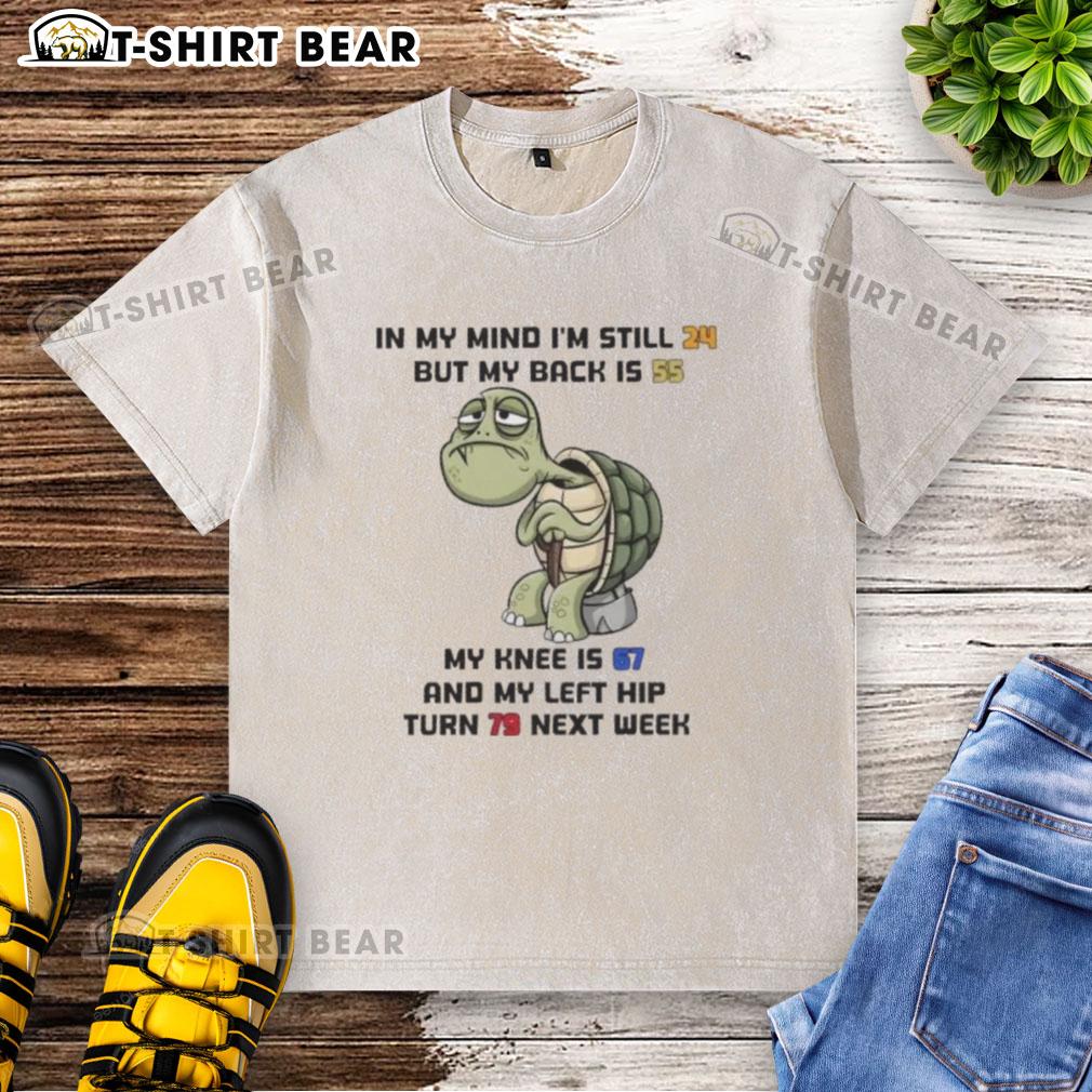 Funny washed t-shirt featuring 'Good Turtle' design, humorously stating age differences in body parts.
