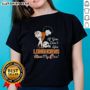 Hot Betty Boop ladies tee with Texas Longhorns design, featuring playful 'Kiss My Ass' slogan for fans.