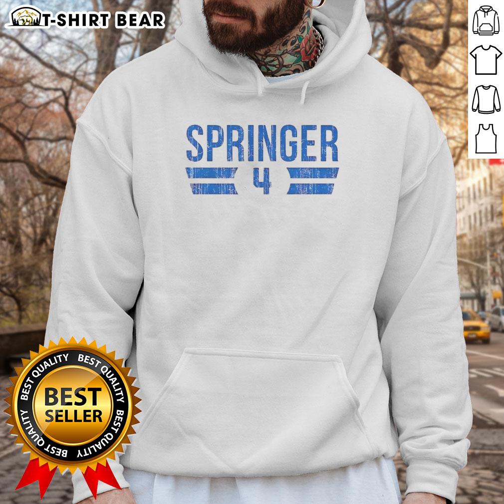 Hot George Springer Toronto Blue Jays Baseball 2025 Number 4 Hoodie in vibrant blue, showcasing team pride.