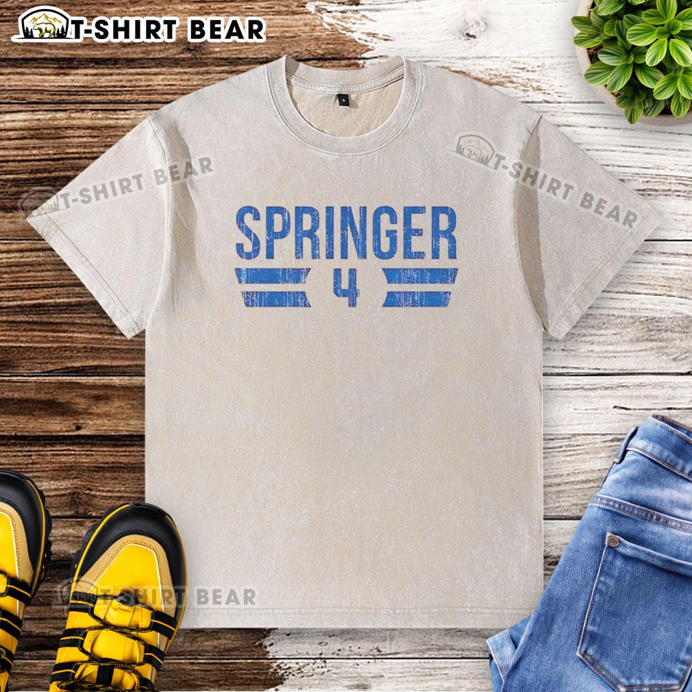 Hot George Springer Toronto Blue Jays Baseball 2025 Number 4 Washed T-Shirt featuring vibrant team colors and stylish design.