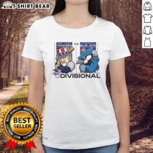Hot New York Yankees vs Toronto Blue Jays AL Division Series 2025 ladies tee featuring vibrant team mascots and logos.