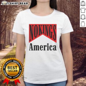 Hot No Kings America Medicine Packaging Sarcastic Ladies Tee featuring a witty design for humorous apparel lovers.