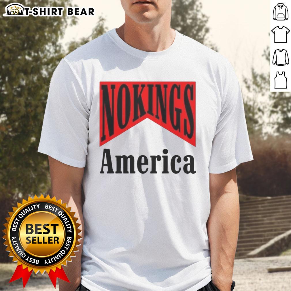 Alt Text: Hot No Kings America Medicine Packaging Sarcastic T-Shirt design featuring bold graphics and humorous text.