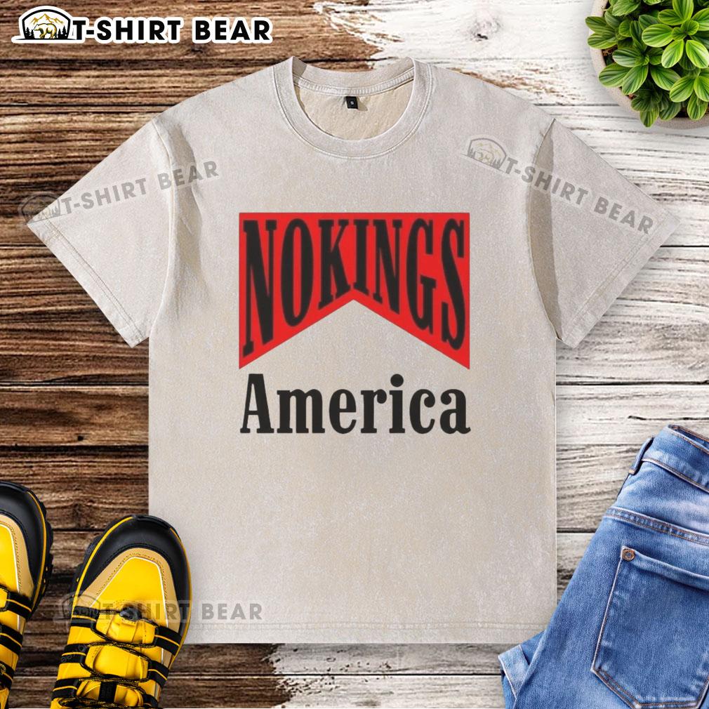 Alt Text: Sarcastic 'Hot No Kings America' medicine packaging design on a washed t-shirt, perfect for casual, humorous wear.