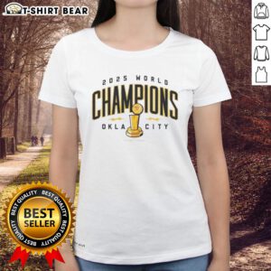Alt Text: OKC Thunder NBA Champions 2025 trophy design on a ladies tee, celebrating Oklahoma City's basketball victory.