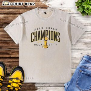 Alt Text: OKC Thunder NBA Champions 2025 trophy washed t-shirt showcasing team pride and style for fans in Oklahoma City.