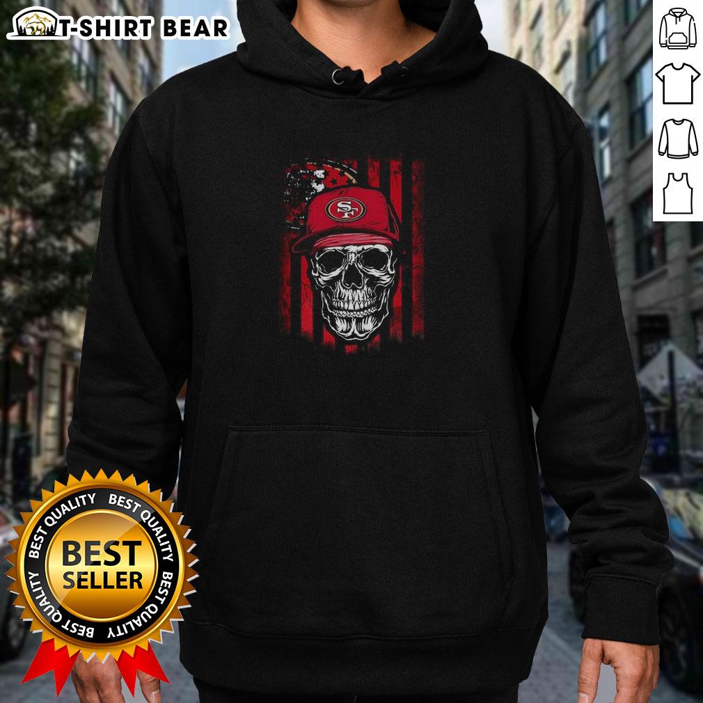 Hot San Francisco 49ers NFL hoodie featuring a skull and American flag design for football lovers.