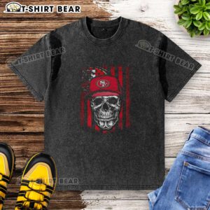 Hot San Francisco 49ers NFL skull graphic on American flag washed t-shirt for football lovers.