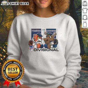 Hot Seattle Mariners vs Detroit Tigers 2025 ALDS mascot sweatshirt featuring vibrant team logos and colors.