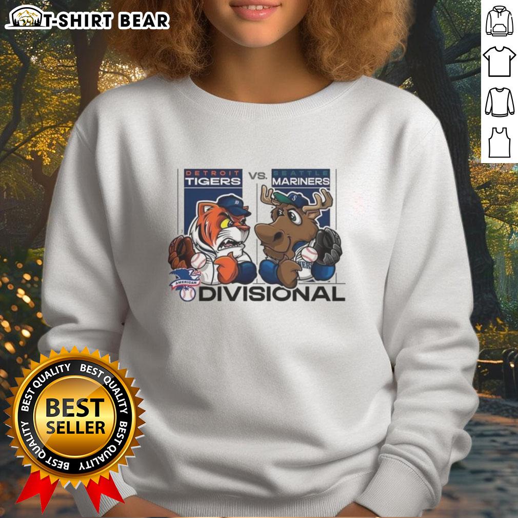 Hot Seattle Mariners vs Detroit Tigers 2025 ALDS mascot sweatshirt featuring vibrant team logos and colors.