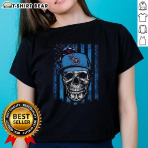 Hot Tennessee Titans NFL skull design with American flag on a ladies tee for football lovers.