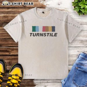 Alt Text: Colorful wall with a hot turnstile design on a trendy washed t-shirt, perfect for casual fashion enthusiasts.