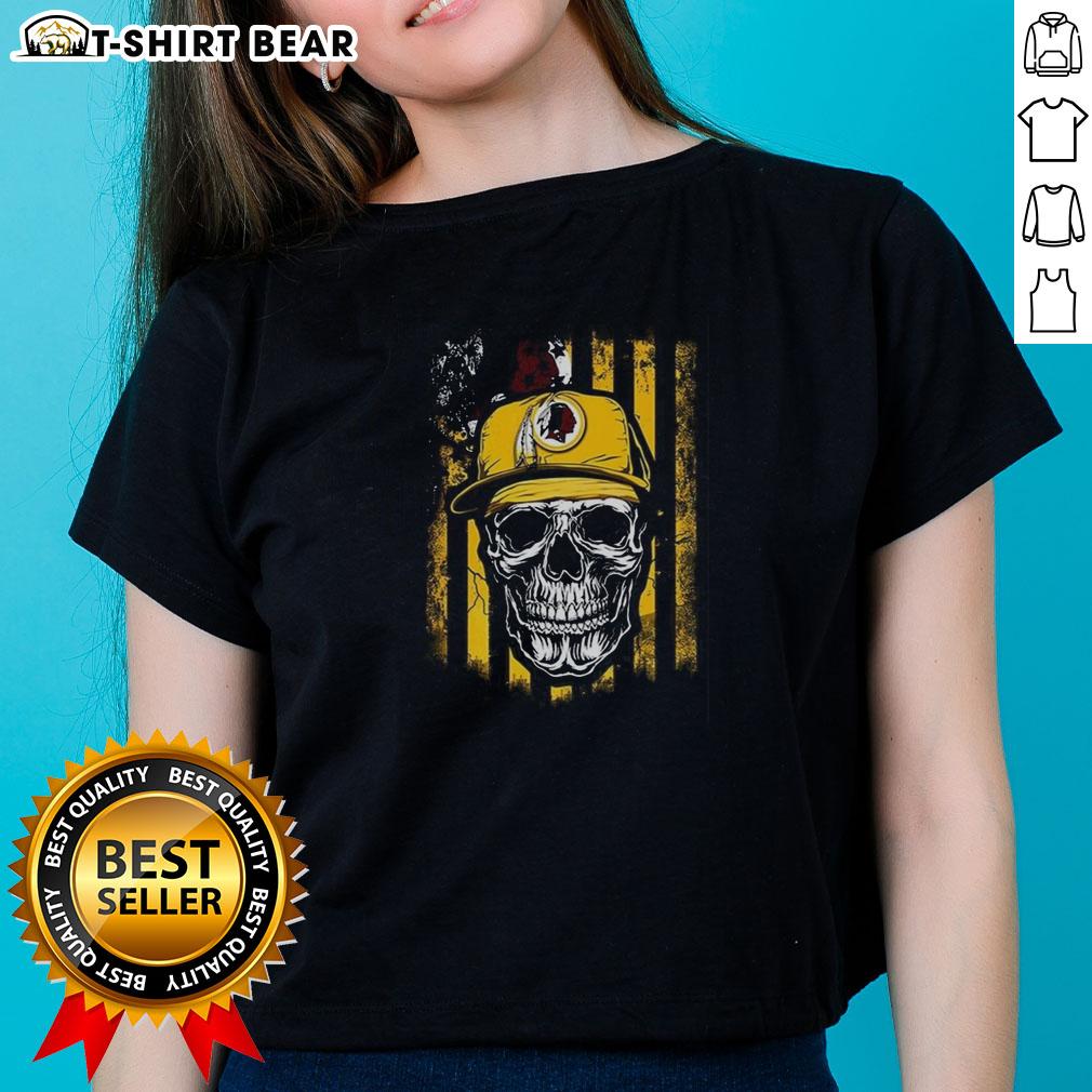 Hot Washington Redskins NFL skull graphic tee featuring the American flag, perfect for football lovers and stylish fans.