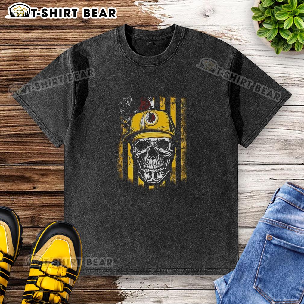 Hot Washington Redskins NFL skull graphic on American flag design t-shirt for football lovers, perfect casual wear.