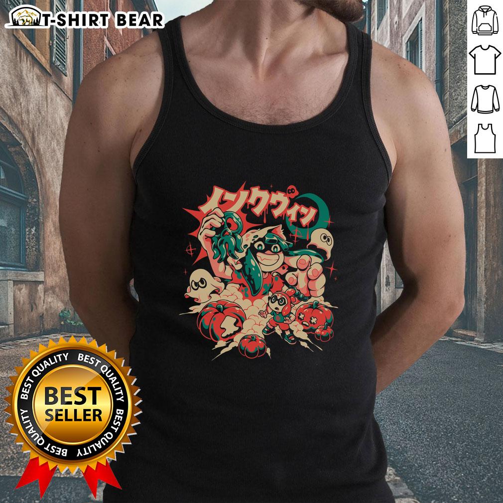 Alt Text: Halloween-themed tank top featuring spooky squid ink design, anime ghost, and pumpkin for Splatoon gamers.