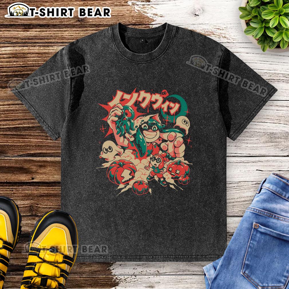 Spooky squid ink Halloween anime ghost pumpkin design on a washed t-shirt for gamers, perfect for InkWeen celebrations.