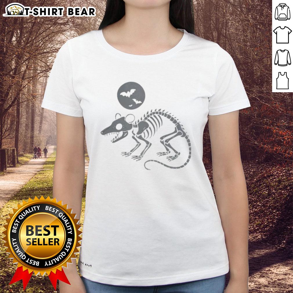 Alt Text: Cute opossum skeleton playing under a full moon with bats, perfect for Halloween ladies' tee design.