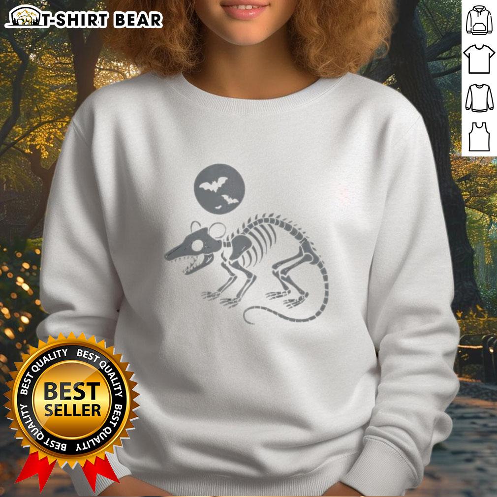 Alt Text: Cute opossum skeleton playing under the moon with bats on a Halloween sweatshirt for festive fall fashion.