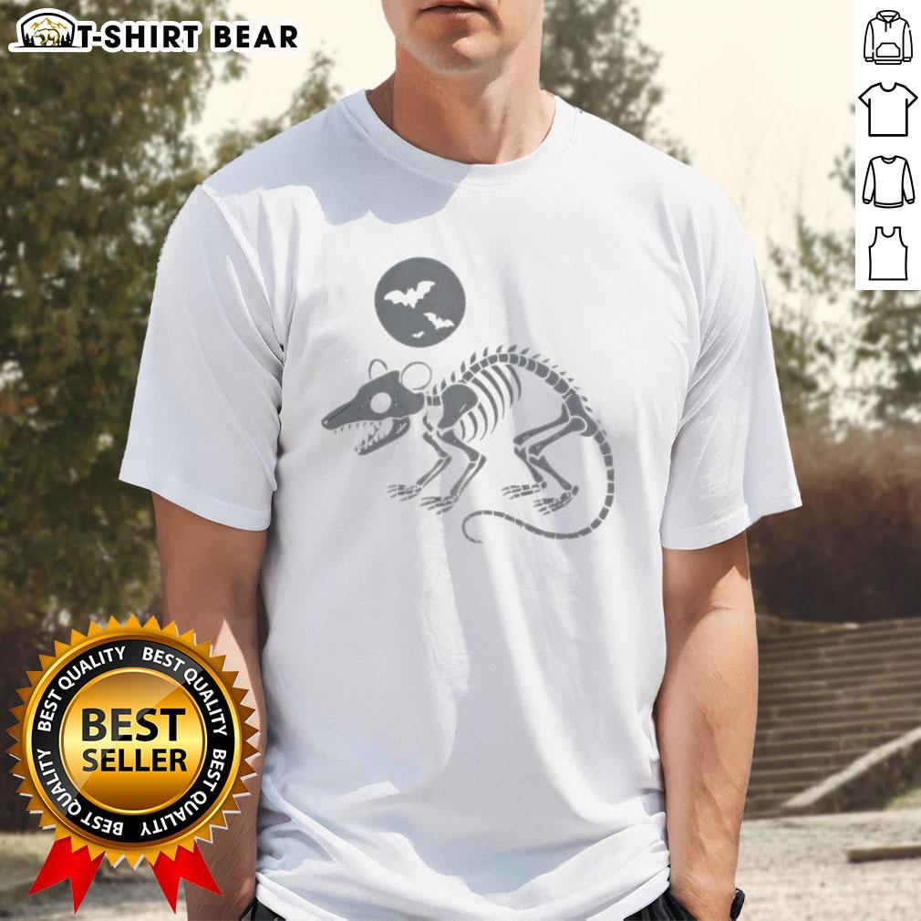 Nice playing opossum skeleton under moon with bats Halloween T-Shirt design, perfect for spooky season attire.