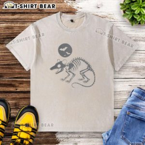 Cute opossum skeleton playing under a full moon with bats on a Halloween washed t-shirt design.