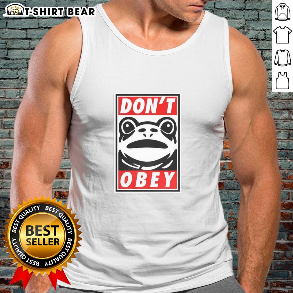 Colorful frog graphic on a tank top with the phrase 'Don't Obey' in Portland style, perfect for casual wear.