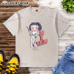 Retro cartoon princess parody on a washed t-shirt featuring Nice Rebel Pinup design. Join the rebellion in style!
