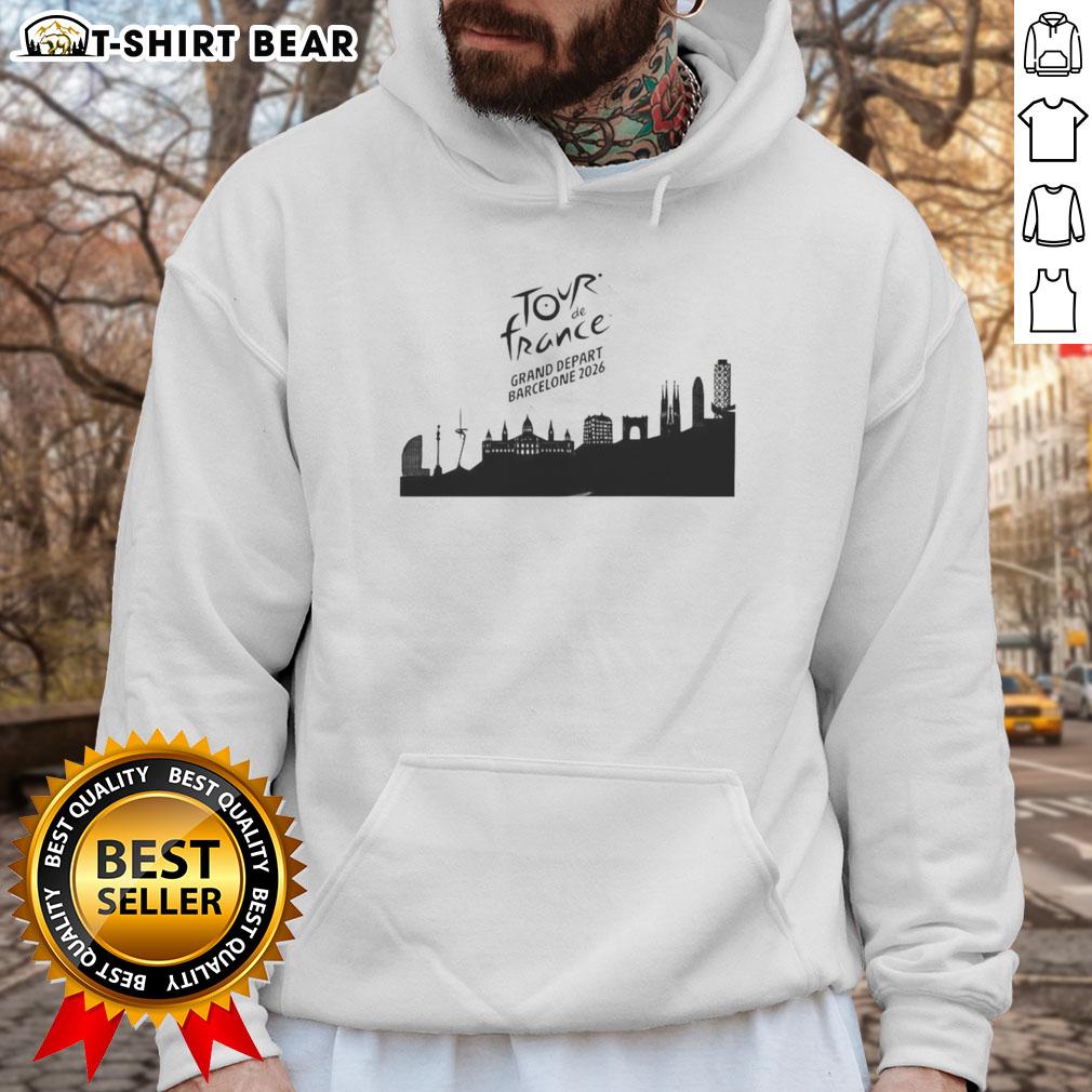 Barcelona skyline hoodie featuring the Tour de France Grand Depart 2026 design, perfect for cycling fans.