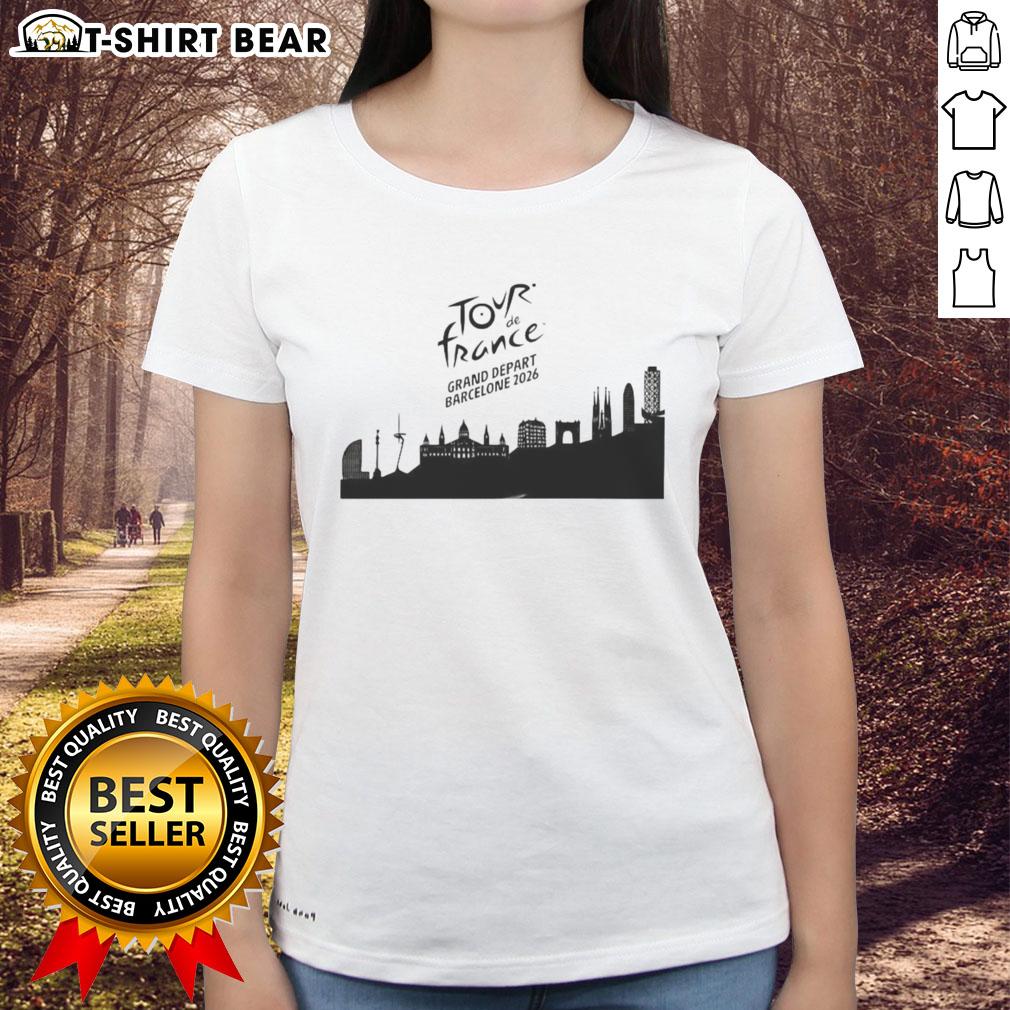 Skyline view of Barcelona at the Nice Tour de France Grand Dpart 2026, featuring a stylish ladies tee design.
