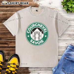 Official Courchevel Savoie X Starbucks logo parody on a washed t-shirt, featuring a unique and trendy design.