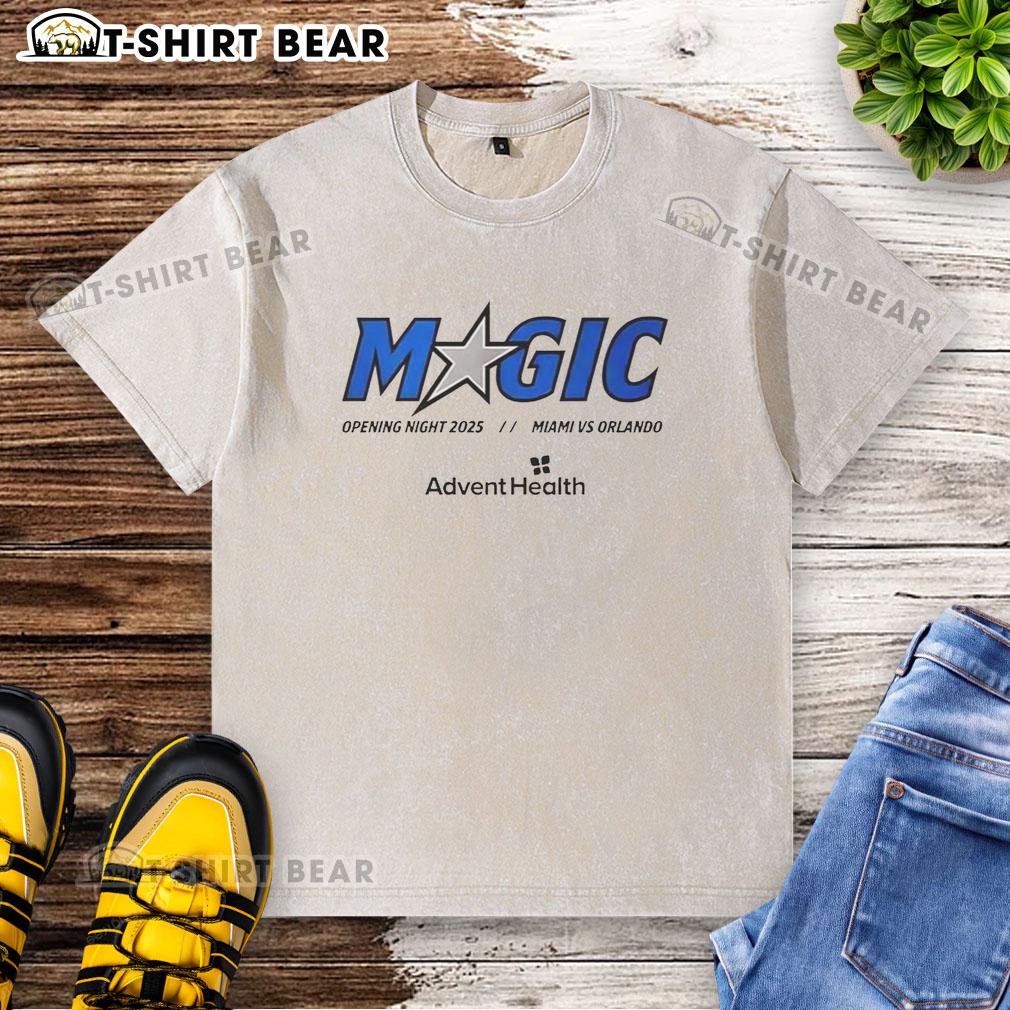 Official Magic Opening Night 2025 Miami vs Orlando washed t-shirt featuring team logos and vibrant colors.