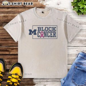 Official Michigan Wolverines Block Cancer Pink Ribbon T-Shirt showcasing support for cancer awareness and team spirit.