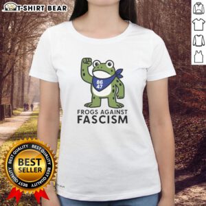 Official Portland Frog Against Fascism 86-47 Ladies Tee featuring a vibrant frog graphic and bold anti-fascism message.