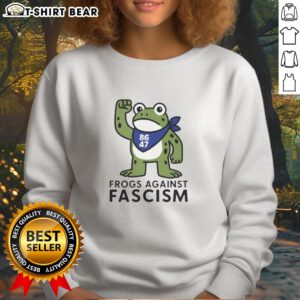 Official Portland Frog Against Fascism 86-47 Sweatshirt featuring a vibrant frog graphic promoting anti-fascism.