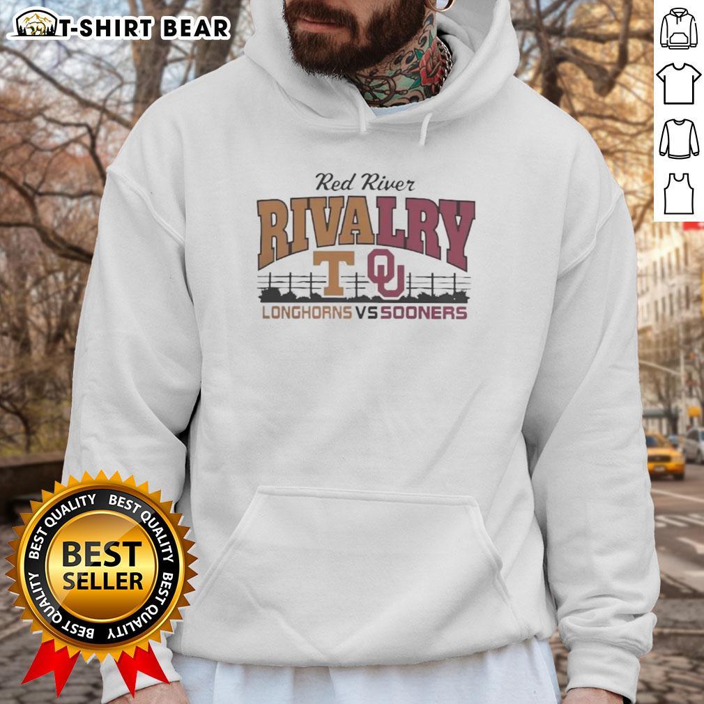 Alt Text: Official Red River Texas Longhorns and Oklahoma Sooners hoodie featuring team logos and vibrant colors for fans.