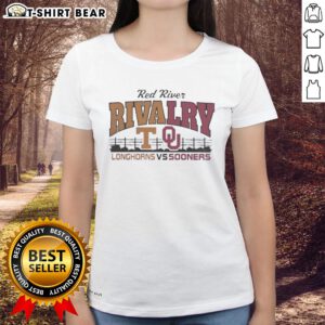 Alt Text: Official Red River Texas Longhorns and Oklahoma Sooners ladies tee showcasing team logos and stylish design.